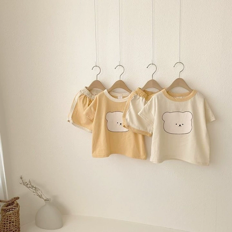 Детская одежда в Корейском стиле, новый летний костюм, головной костюм медведя, головной костюм медведя для мальчика и девочки, комплект из двух предметов из хлопка с героями мультфильмов