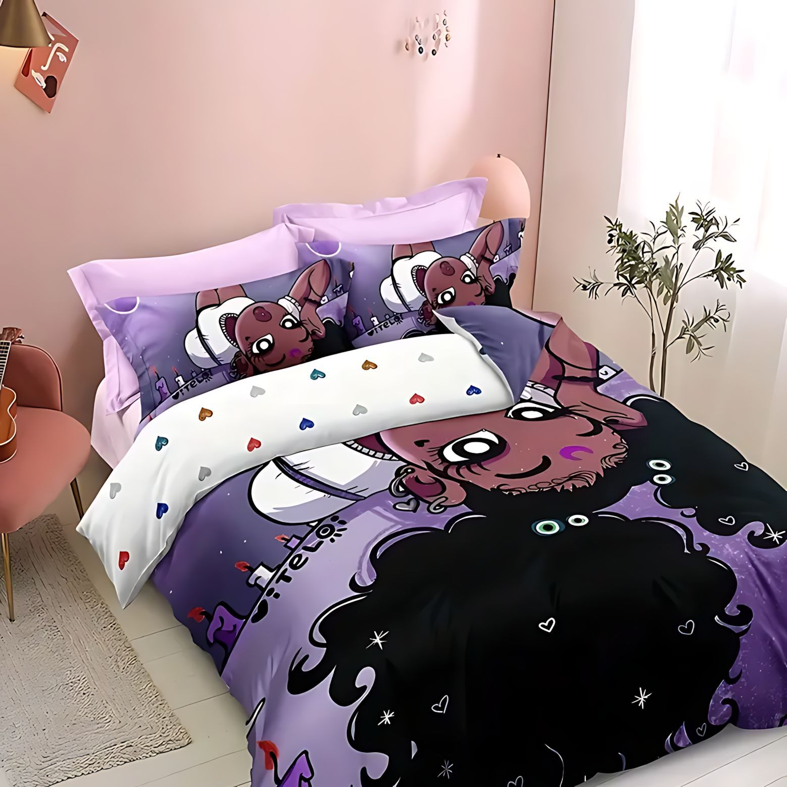 TEMU / JIT juguetón modelo de niña de piel negra impresión digital HD suave y cómodo conjunto de edredón