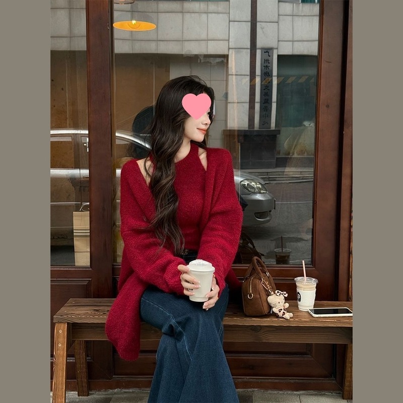 慵懒高级感秋季穿搭红色时尚套装女秋冬毛衣开衫外套背心两件套潮|undefined
