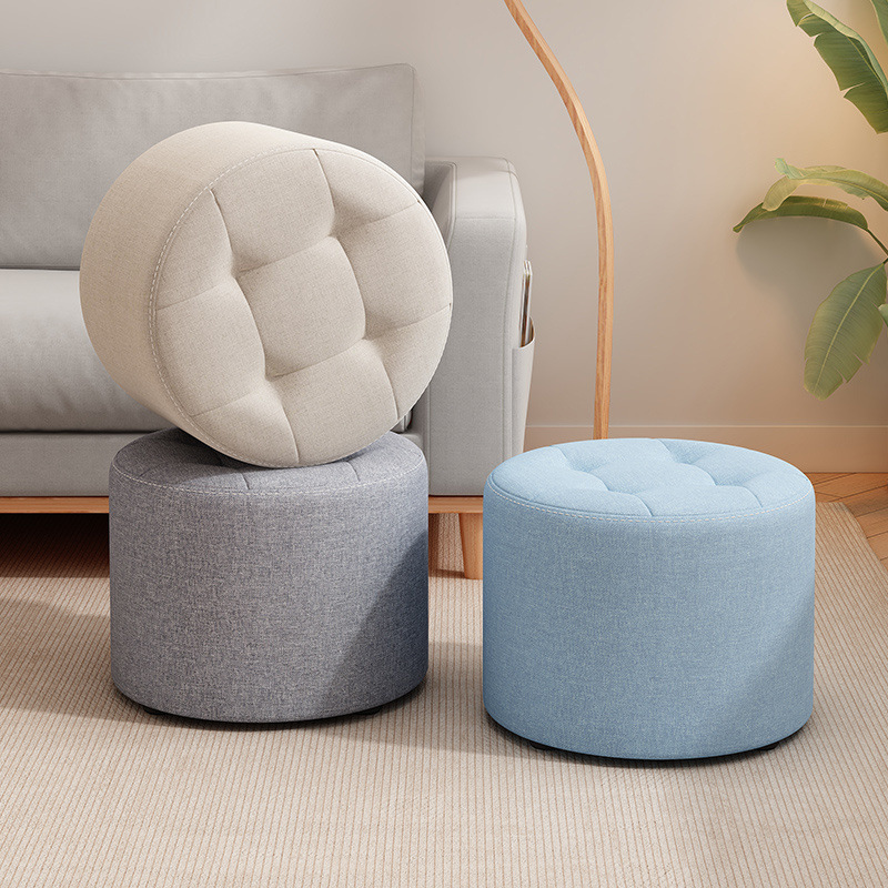 Fabric Small Stool for Home Use, Low Stool for Living Room, Coffee Table Footstool, Sofa Footrest, Simple Round Stool, Solid Wood Children's Bench