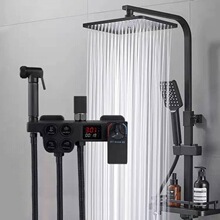 卫生间家用黑色淋浴屏恒温数显花洒套装全铜主体浴霸淋浴器增压