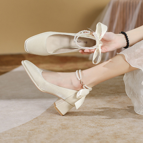C501-31 Thick Heel Square Toe Bow Fairy High Heel  New Wedding Shoes Bridal Shoes Large Size 40-43
