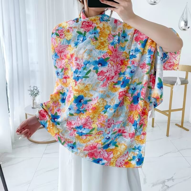 Sopa de satén de twill para mujeres 2025 bufandas de viento nacional de verano tibetanas bufandas de seda protector solar lago Qinghai turismo foto toalla de playa