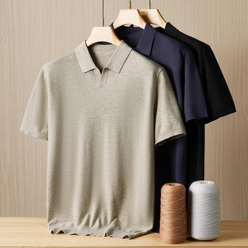 2024 otoño y invierno hombres sueltos con solapa de manga corta camiseta de punto para aumentar el peso de la gorda hombre suéter de lujo ligero base