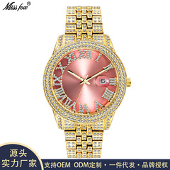 MISSFOX watch, international fashion Roman rose pink full diamond waterproof luminous men's quartz watch cross-border supply