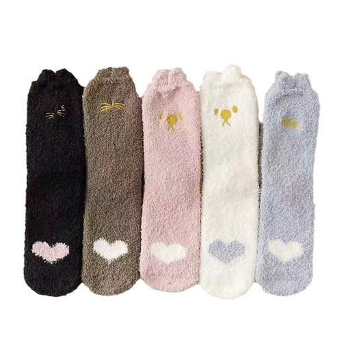Coral Fleece Mid-Calf Socks for Autumn and Winter – Thickened, Warm, Half-Fleece Design – Women's Home Floor Socks & Sleep Socks with Small Ear Details