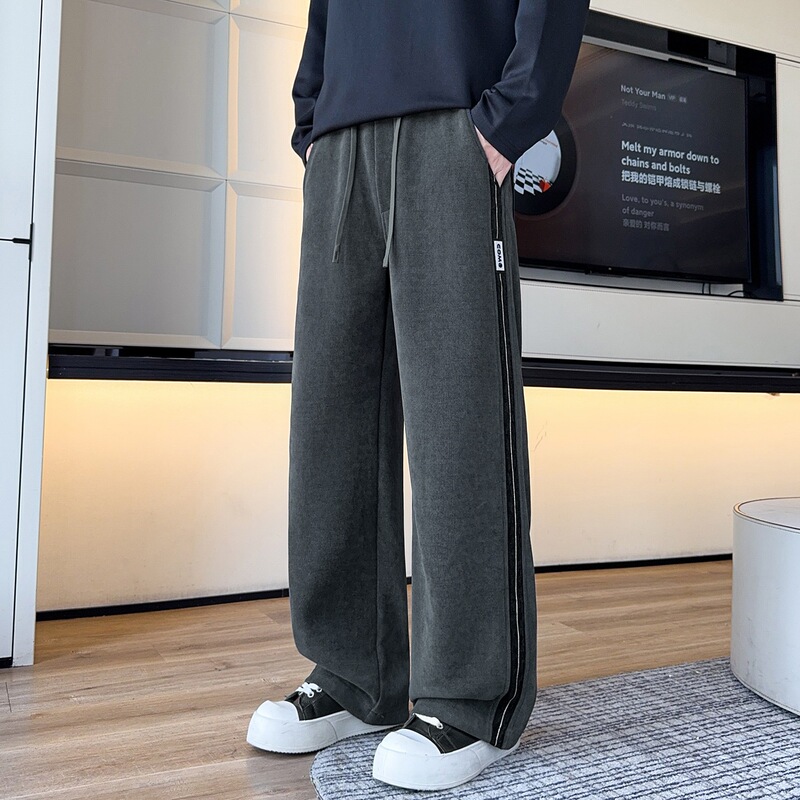 New spring, autumn, and winter casual pants for men, straight loose wide-leg pants with elastic waist, trendy patchwork sports pants for men