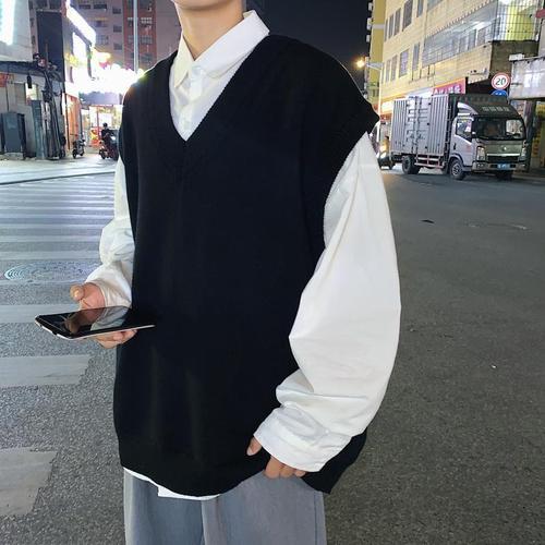 Men's Loose Knit Vest Outerwear, Fashionable Student Sweater Backless Cardigan Top, Autumn Style