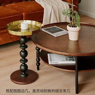 法式复古实木茶几设计师圆形茶桌小户型家用矮桌子客厅中古风边几
