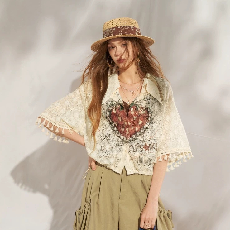 In-Stock Same Style: Strawberry Print Hollow Lace Short-Sleeve Shirt for Women, 2026 Summer New Holiday Style Fringe Top