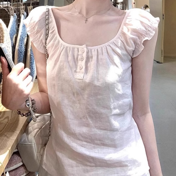 Sweet and Fresh Linen Pink Waist Square Collar Shirt 2025 Summer New Design Niche Short-Sleeved Tops for Women