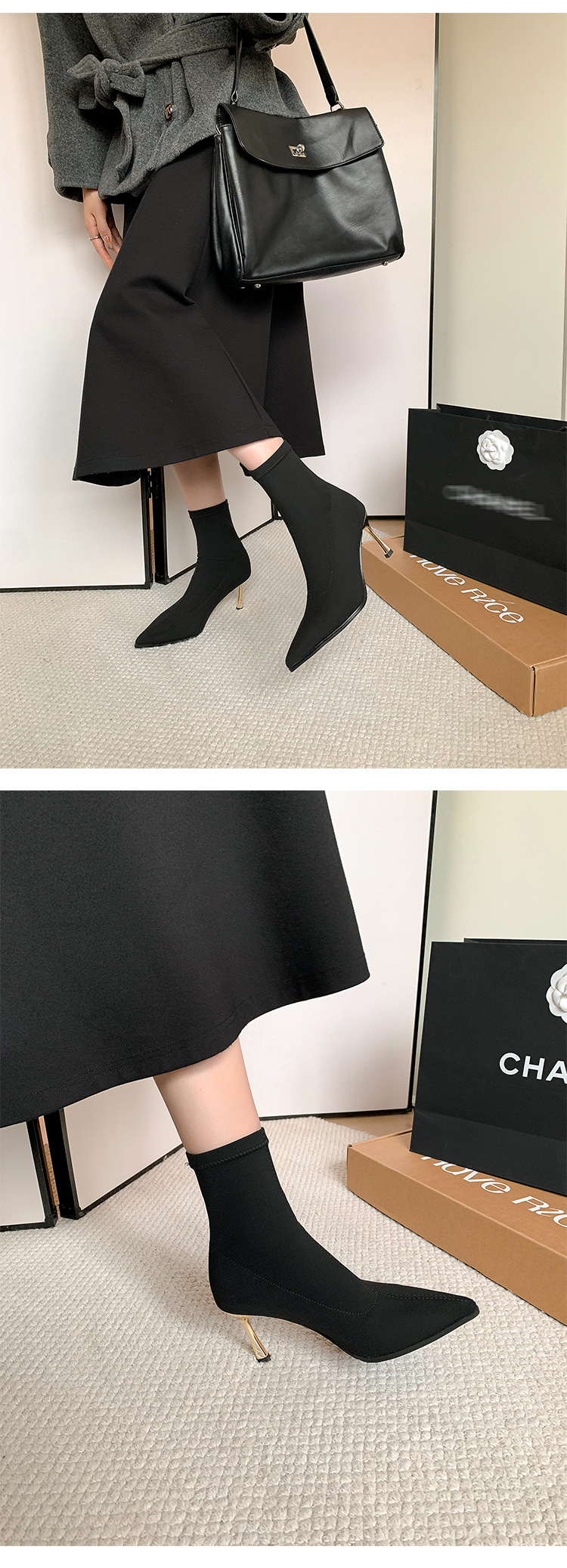 Boot nữ cổ cao quá gối mũi nhọn gót nhọn co giãn ôm chân — Ống cao màu đen chi tiết 6