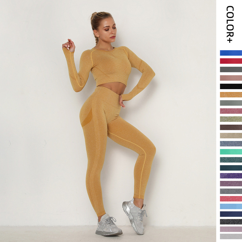 European and American Pleated Seamless Yoga Suit Women's High Waist Peach Tight Sports Long Sleeve Fitness Yoga Pants Two-piece Set