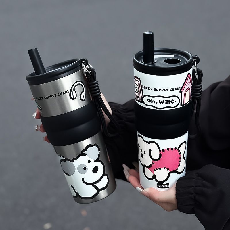 ポータブルコーヒーカップ、シンプルカップ、女性用大容量ウォーターカップ、車用ストローカップ、高価値セラミックライナー魔法瓶カップ|undefined