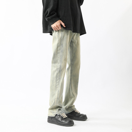 American Street Pants Cleanfit Yellow Clay Jeans Spring and Autumn Trend Brand Casual Slim Fit Straight Leg Washed Pants