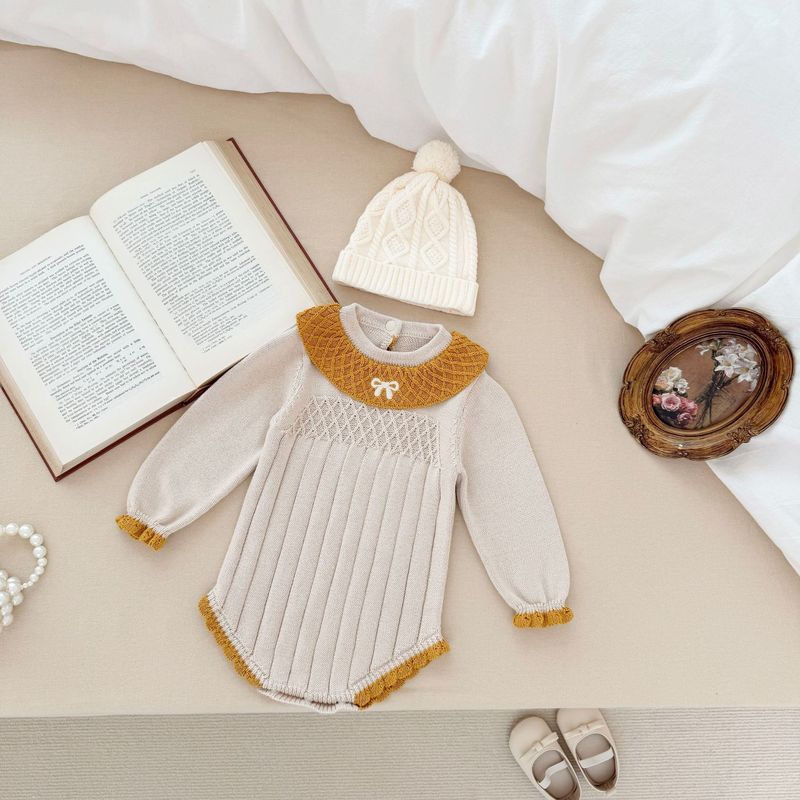 イン春と秋のソフトコットン三角形ロンパース女の赤ちゃんレース襟刺繍リボンパフスリーブワンピースロンパース|undefined