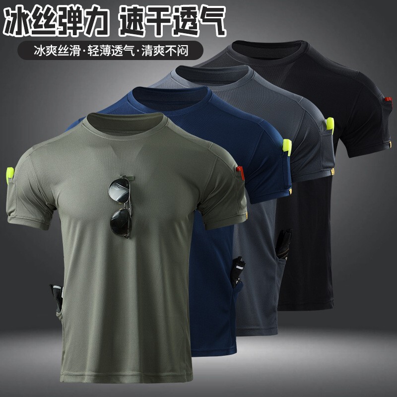 Short-Sleeved Men's Outdoor Sports T-Shirt, Breathable Elastic Band with Pockets, Running Fitness Loose Top, Summer Short-Sleeved T-Shirt Short-Sleeved Men's Outdoor Sports T-Shirt, Breathable Elastic Band with Pockets, Running Fitness Loose Top, Summer Short-Sleeved T-Shirt