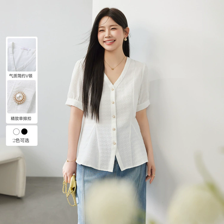 Блэк-шоу большого размера женская французская темпераментная рубашка минус возраст леди V-образный кардиган топ жирный mm2024 летний новый стиль