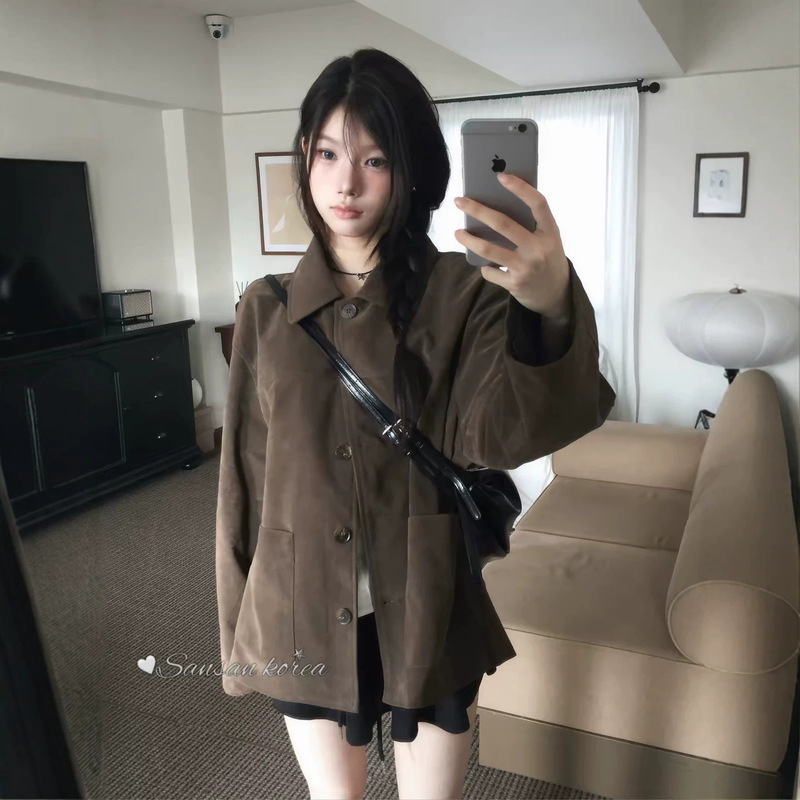 Korean Dongdaemun Women's Clothing 2026 New Korean Style Vintage Turn-down Collar Versatile Suede Trench Coat for Women