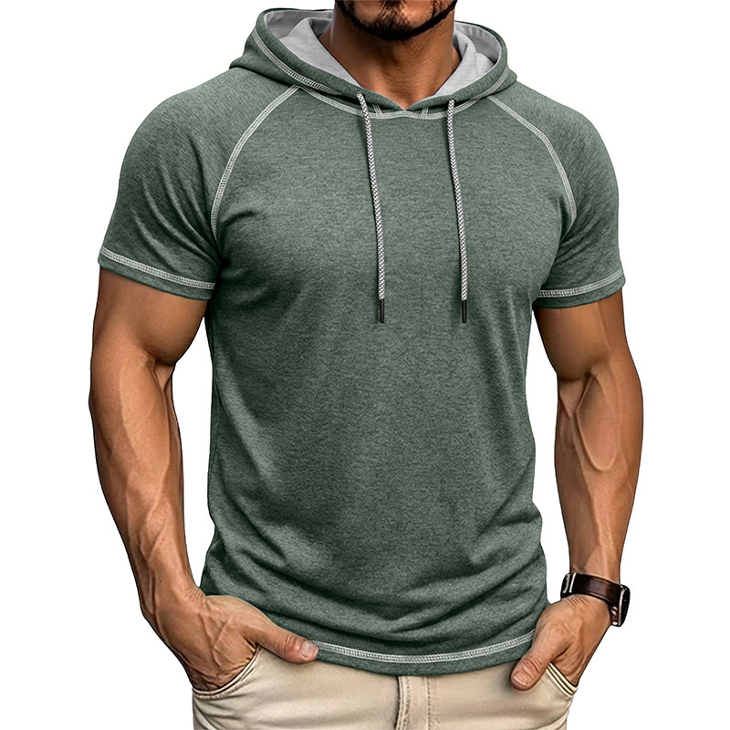2026 Summer Casual Cross-Border Men's Sports Fitness New Hooded Short-Sleeve T-Shirt European and American Foreign Trade Tops