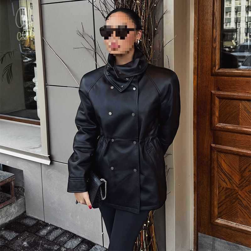 Double-Breasted Slim-Fit Stand-Collar Leather Jacket, European and American Cross-Border Cool Style Silhouette Waist-Cinching Jacket Double-Breasted Slim-Fit Stand-Collar Leather Jacket, European and American Cross-Border Cool Style Silhouette Waist-Cinching Jacket