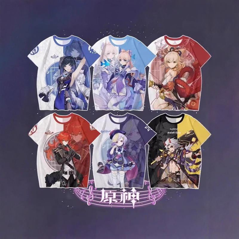 Genshin Impact Anime Short-Sleeve T-Shirt Merchandise Klee, Kaeya, Ganyu, Kokomi, Baal, Mangetsu, Male and Female Two-Dimensional Cosplay Clothing