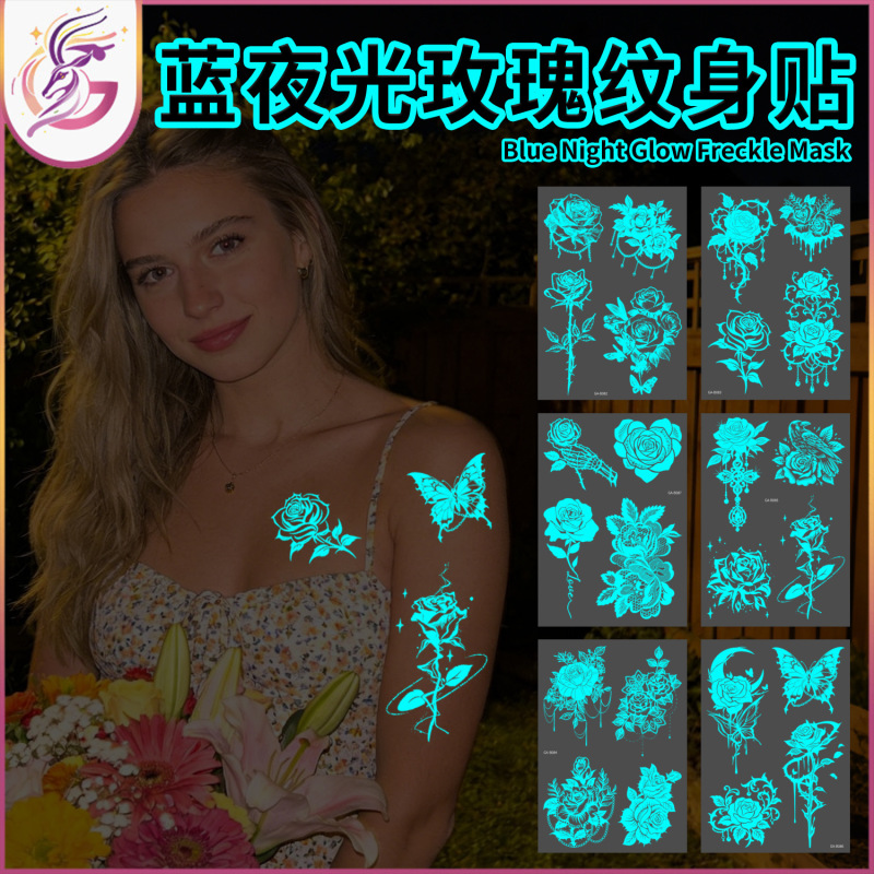 Blue Luminous Rose Tattoo Sticker, White Thorn Rose Flower, Blue Light, Party, Date, Clavicle Sexy Tattoo