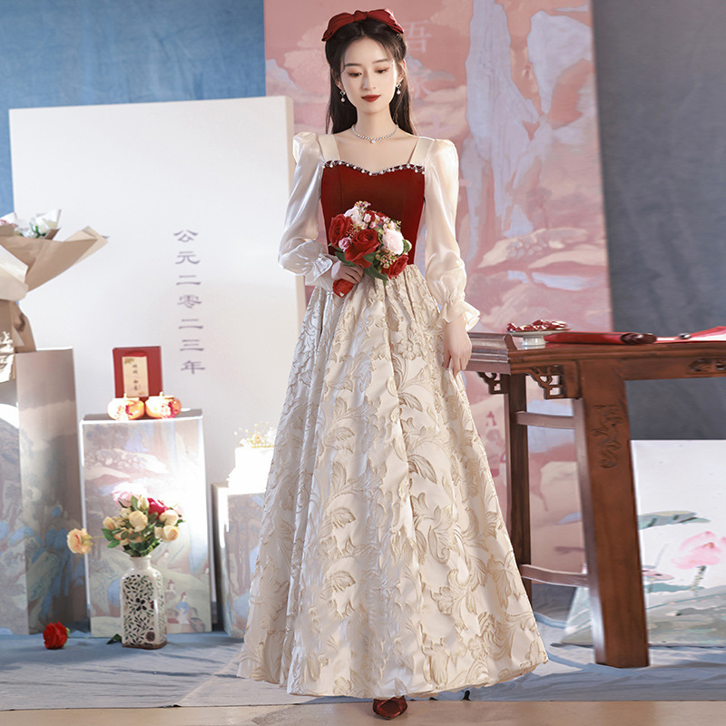 Long-Sleeve Toast Dress for Bride, Engagement Dress, 2026 Autumn New Style, Long Dress for Post-Wedding Banquet Long-Sleeve Toast Dress for Bride, Engagement Dress, 2026 Autumn New Style, Long Dress for Post-Wedding Banquet