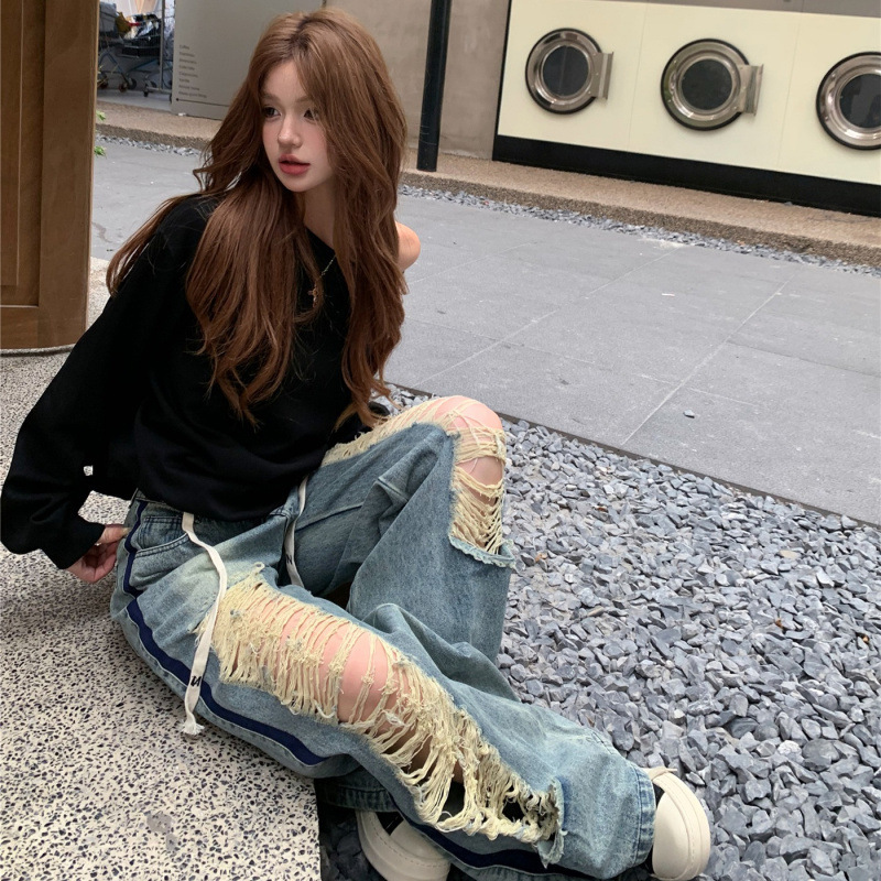 昕可达 黑色斜肩卫衣外套女秋季宽松设计感美式辣妹露肩长袖上衣|undefined