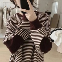 条纹圆领卫衣女装秋款潮牌日系休闲上衣长袖秋季韩版套头无帽外套