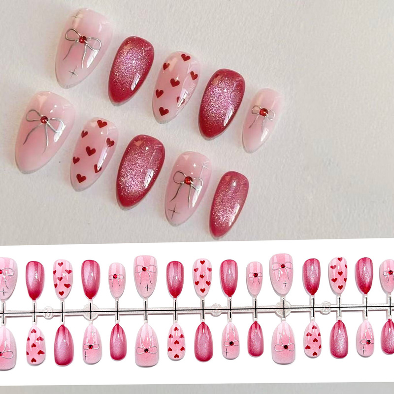 30 Pieces of Cross-Border Valentine's Day Cat-Eye Silver-Plated Ultra-Short Almond-Shaped Sweet and Pure Desire Nail Stickers for Europe and America 30 Pieces of Cross-Border Valentine's Day Cat-Eye Silver-Plated Ultra-Short Almond-Shaped Sweet and Pure Desire Nail Stickers for Europe and America
