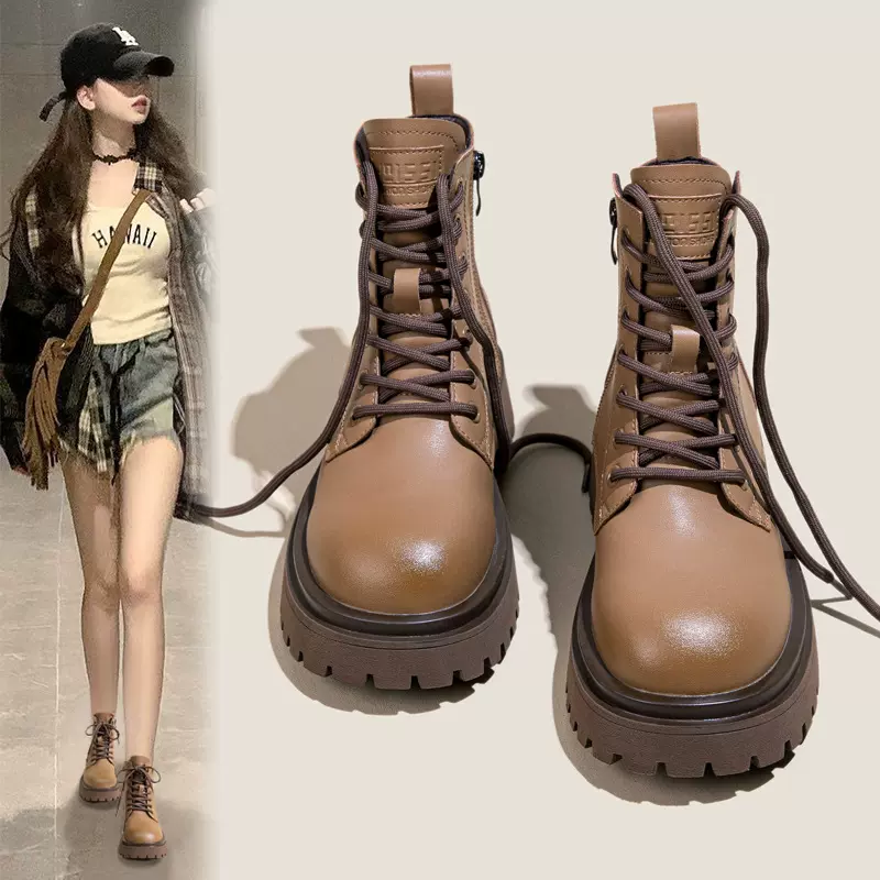 牛皮马丁靴女冬款加绒厚底女靴2025新款小个子英伦风复古百搭短靴