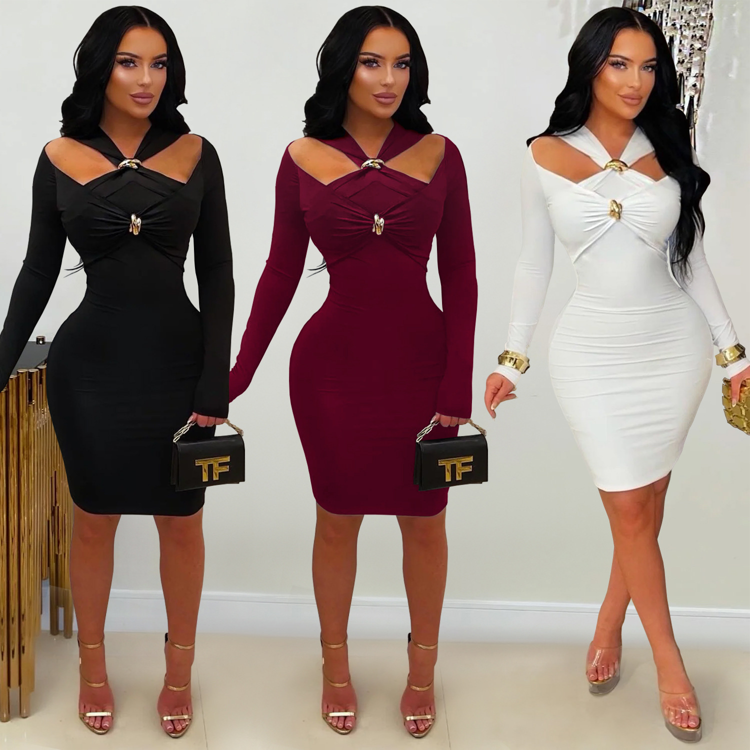 C7627 Aliexpress transfronterizo Amazon Europa y América moda de mujer temperamento hombro abierto delgado bolsas de cadera vestido sólido image 1