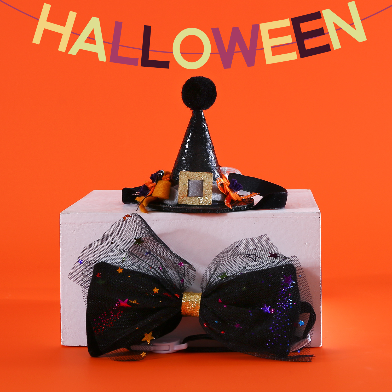 Mascota de Halloween calabaza terciopelo pajarita collar lentejuelas sombrero tocado cachorro fotografía vestido traje