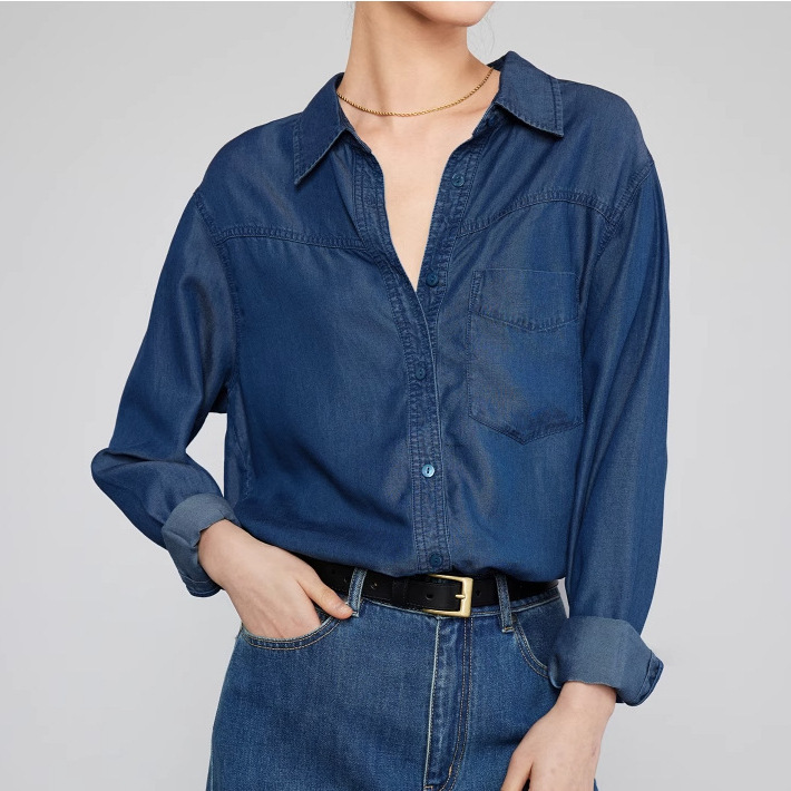 All-Tencel Sunscreen Denim Shirt Women's Spring and Summer Micro-silhouette Shirt Dressing Top Loose Slim-fit