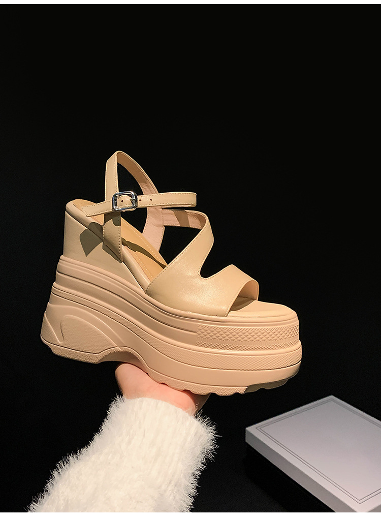 Sandal cao gót nữ hở mũi đế xuồng platform da bò thật, gót 12 cm, phong cách La Mã — màu đen, màu trắng, màu mơ chi tiết 17