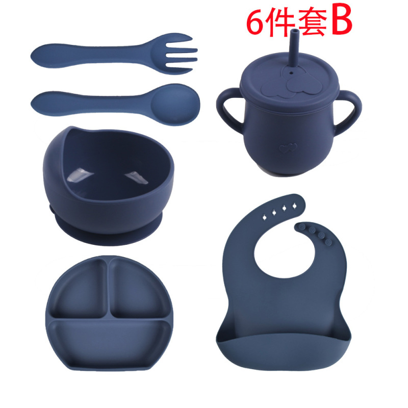 スポット分格子供食器ベビー吸盤シリコンボウル赤ちゃんスプーンストロー一体式シリコン皿|undefined