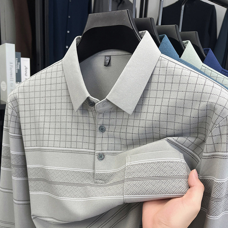 Middle-Aged Men's Spring & Fall Lapel Pullover Long-Sleeved Polo Shirt Business Casual Long-Sleeved T-Shirt with Flap Pocket Pantss Dad Top