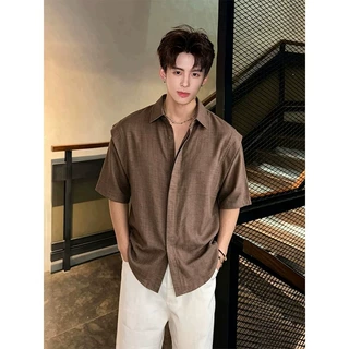 美拉德棕色仿亚麻短袖衬衫男夏季薄款冰丝防晒衬衣假两件拼接t恤