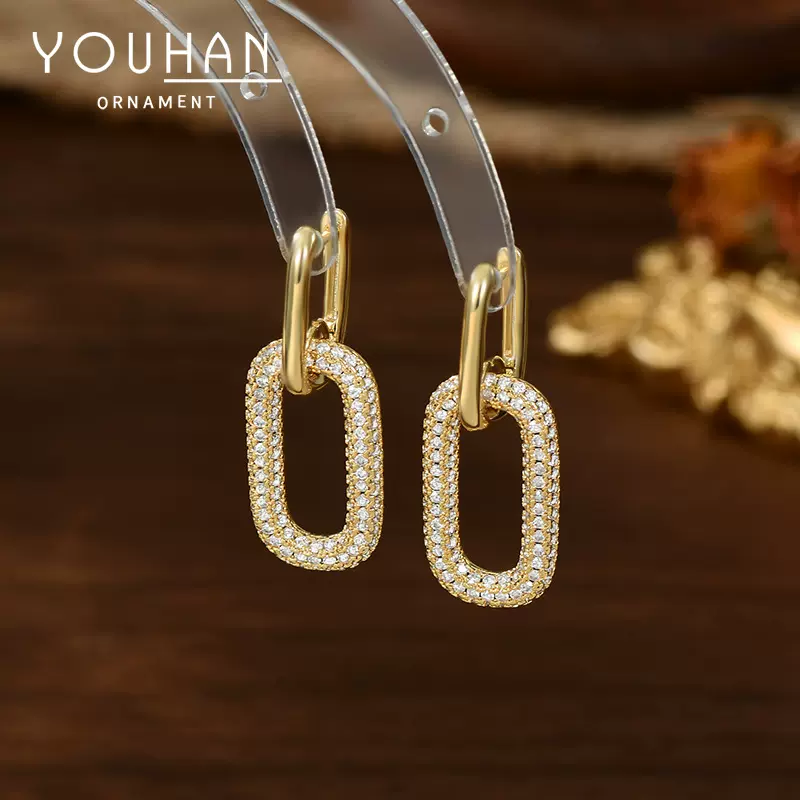 跨境热销耳环女椭圆形耳圈简约镶锆石耳环欧美高级感满钻耳坠批发