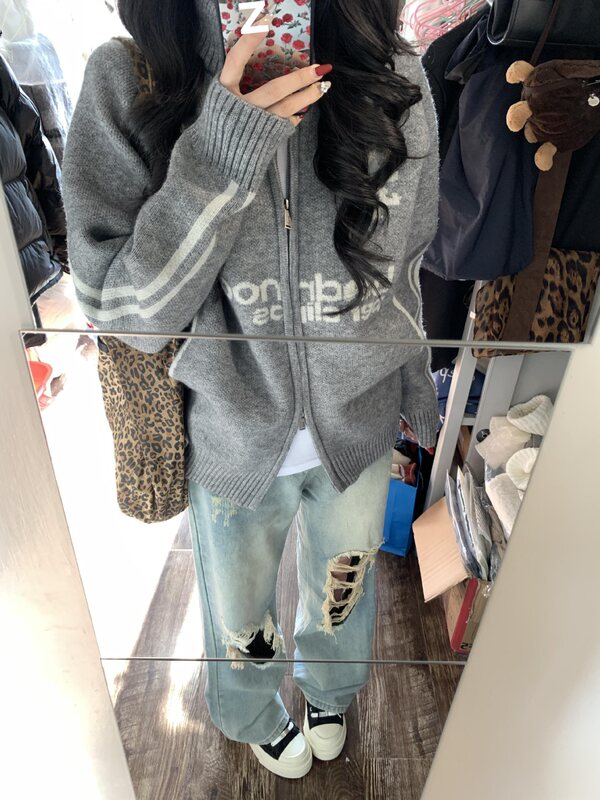 棒球风翻领拉链毛衣开衫外套女秋装新款慵懒风韩版宽松针织衫上衣|undefined