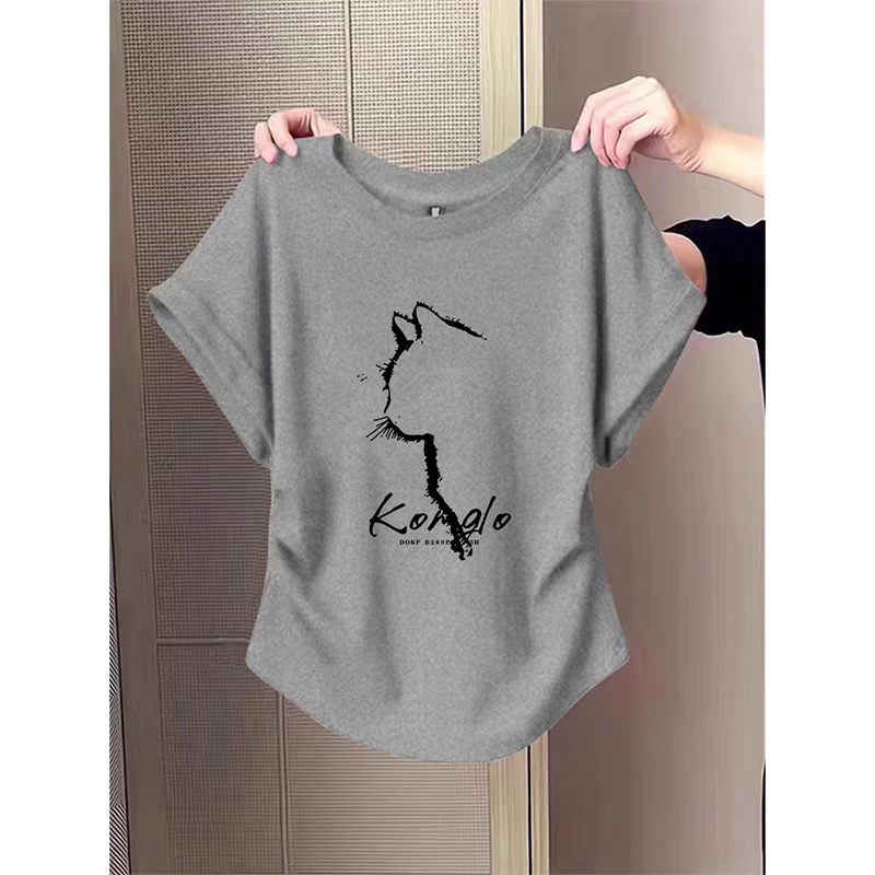 High-End Gray Short-Sleeve T-Shirt for Women, Slim Fit, Flattering for Petite Figures, Age-Reducing Top, Pure Cotton Base Shirt for Summer