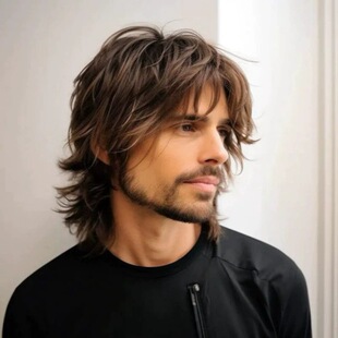 TEMU Cross-border European and American Men's Wig Fashion Mullet Head Shape Wolf Tail Medium Long Hair High Temperature Silk Chemical Fiber Headgear