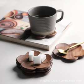 日式黑胡桃木质杯垫实木创意花瓣垫子茶杯茶道防滑杯托