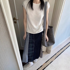 日系流浪风拼接格子半裙女春秋开叉设计感牛仔A字碎花半身中长裙