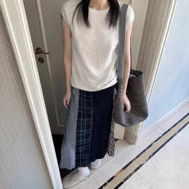 日系流浪风拼接格子半裙女春秋开叉设计感牛仔A字碎花半身中长裙