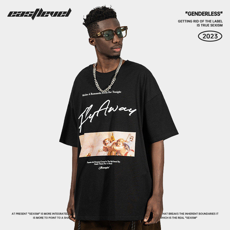 Camiseta masculina com estampa de cupido da American High Street, manga curta, solta, grande, gola redonda, algodão_voghion.com