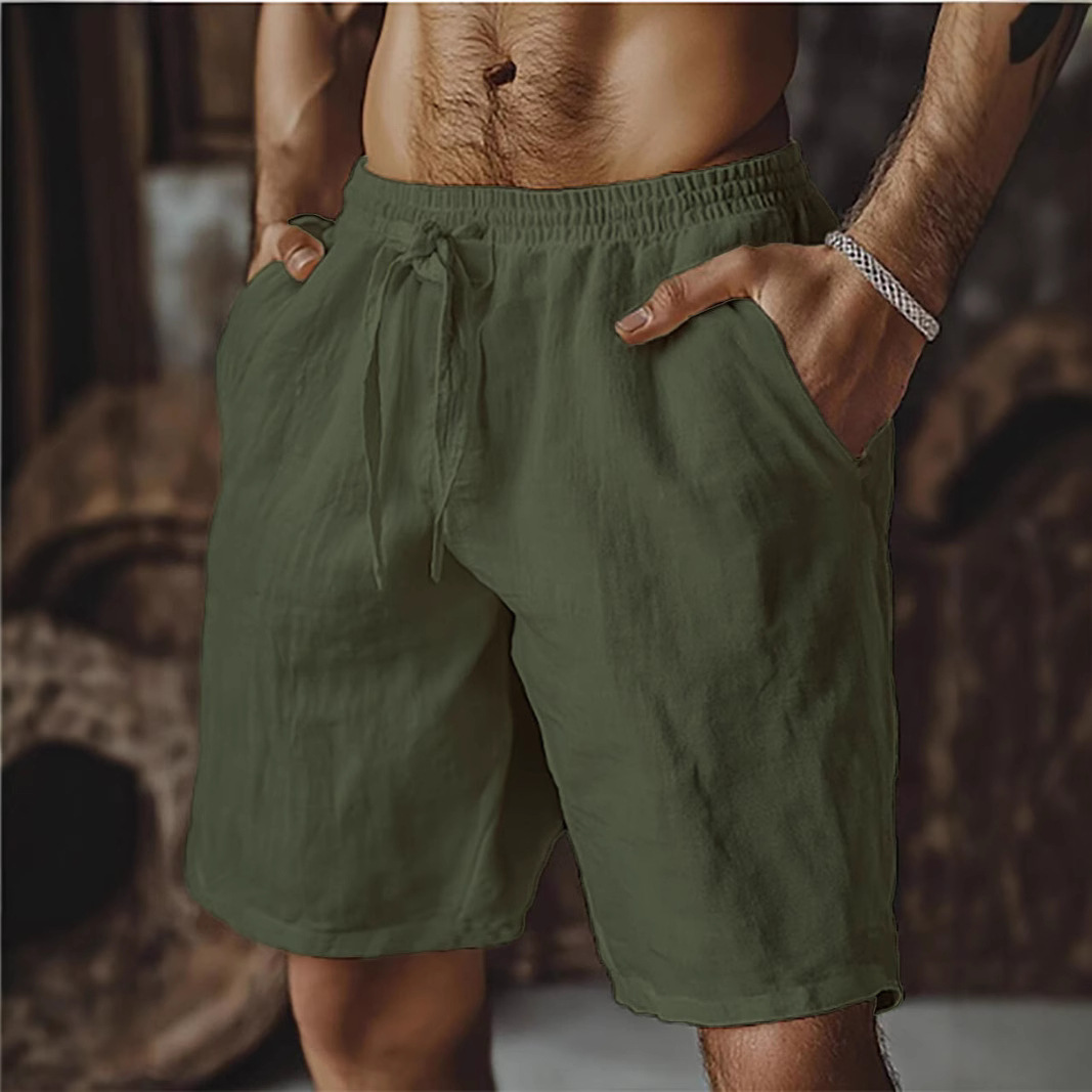 Cross-border 2025 summer European and American men's cotton and linen shorts lace-up elastic waist beach pants casual sports men