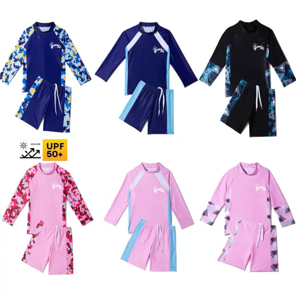 Two-Piece Student Children's Swimwear for Boys, Long-Sleeve and Shorts Swimsuit, Surfing Suit, Conservative Swimwear