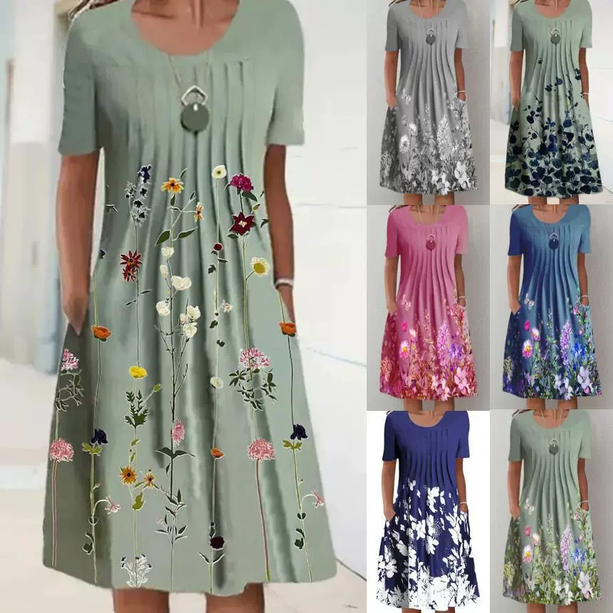 Трансграничная Внешняя торговля 2022 Amazon AliExpress желание Весна и лето пуловер с круглым вырезом и цветочным принтом Длинное Платье женское
